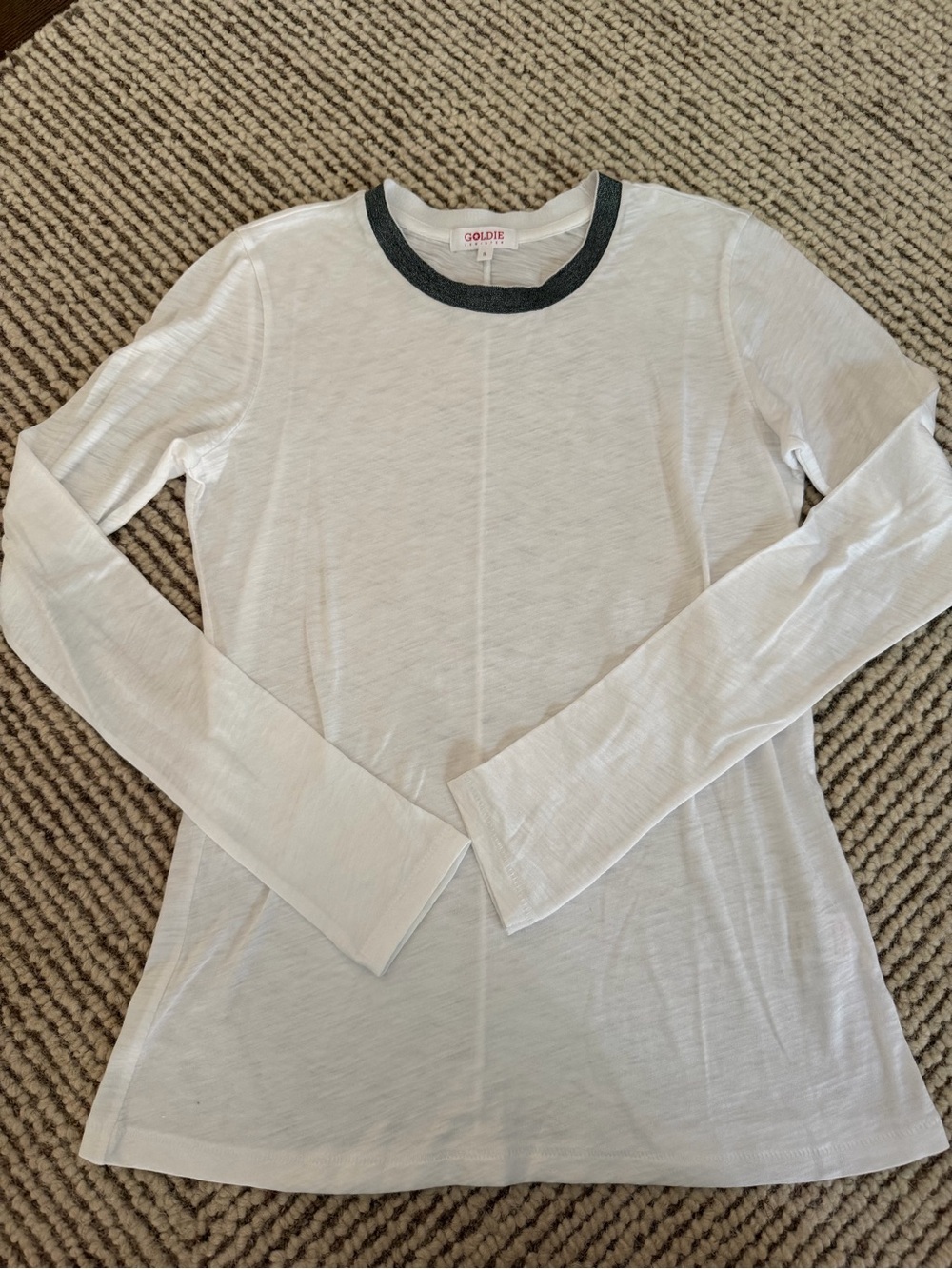 Goldie Lewinter Long Sleeve White T shirt with Dark Silver Neckline
